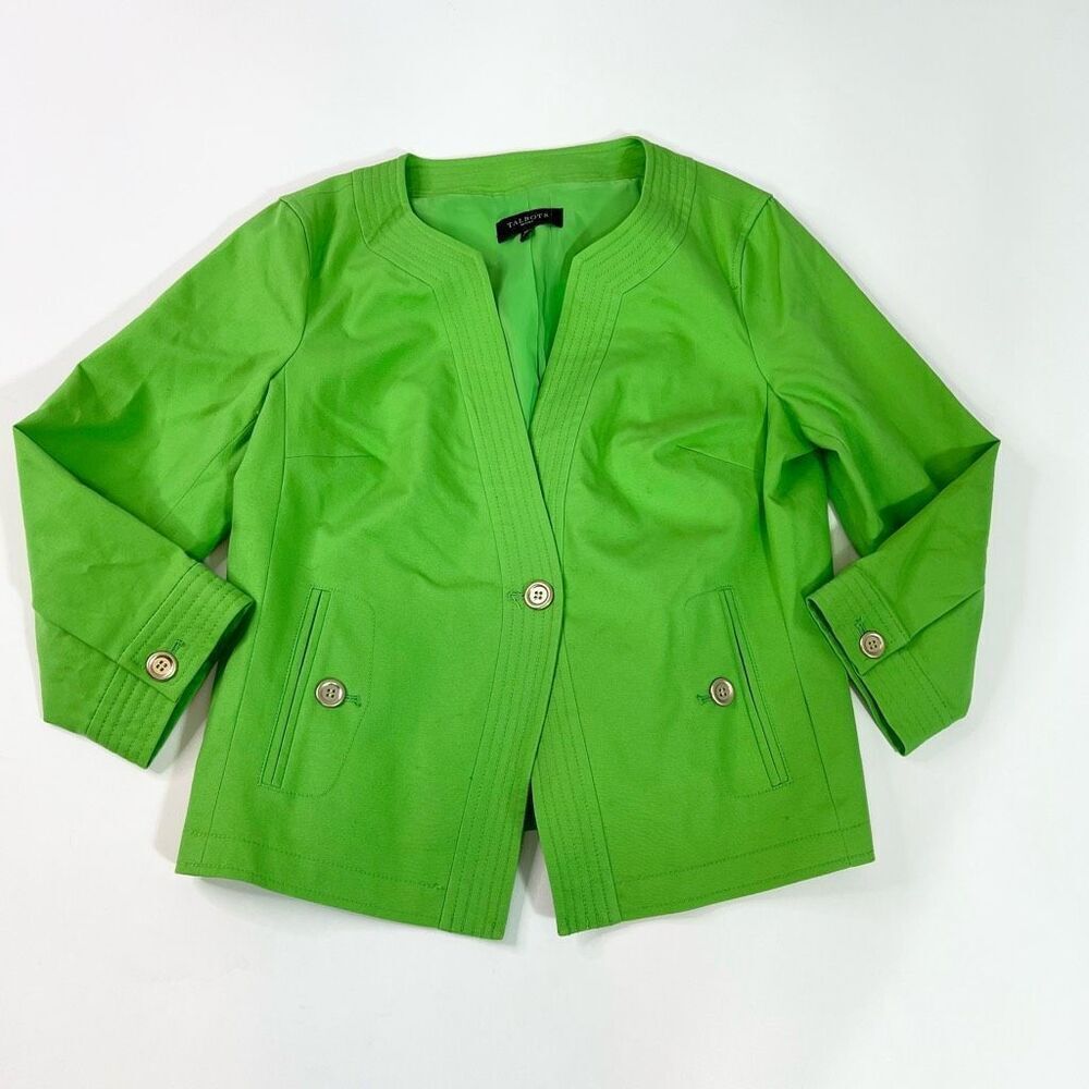 Talbots‎ Jacket Womens 14 Green Cotton Bright 3/4 Sleeve Button Petite Preppy